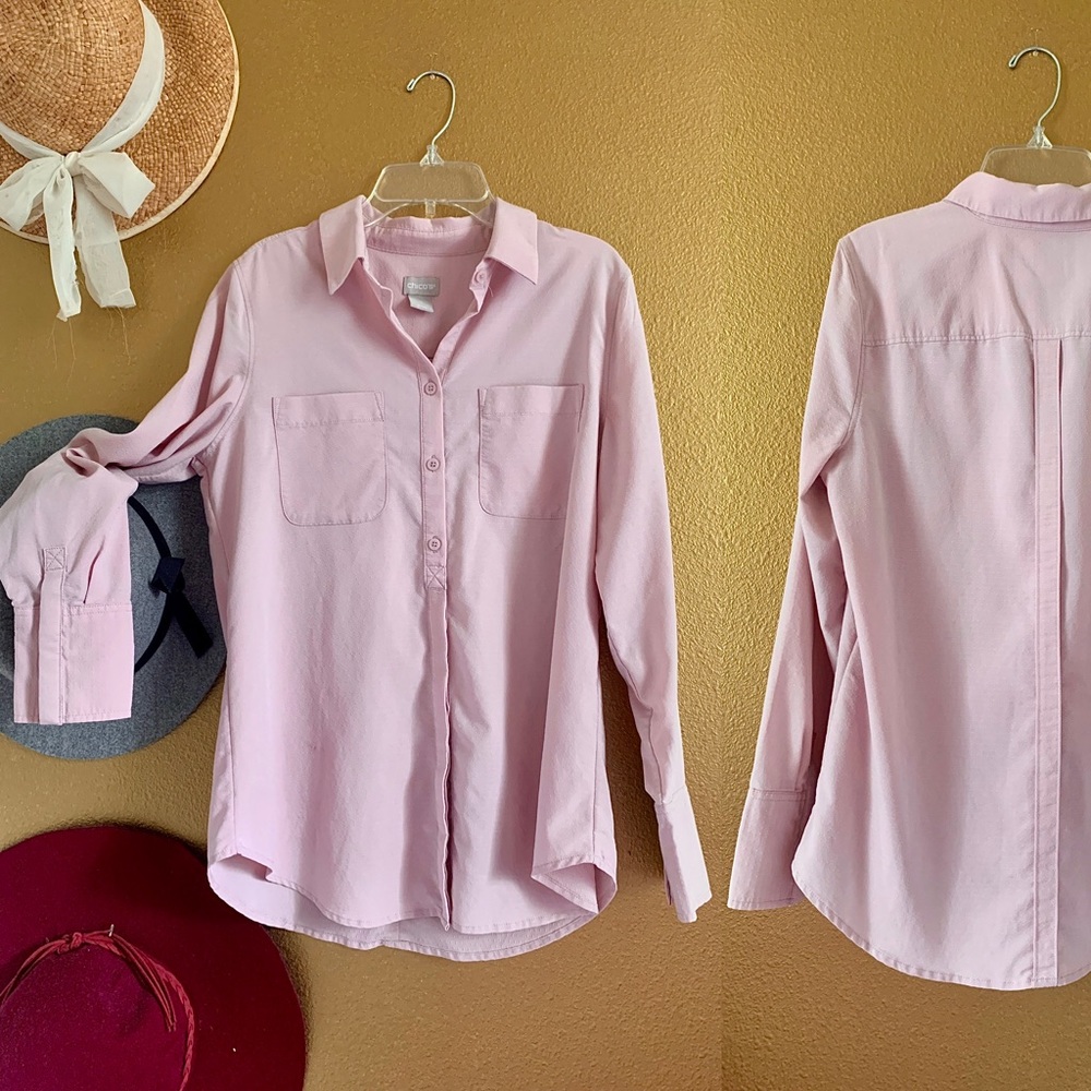 *Chico’s Modal Swiss Dot Print Pink Button Down Shirt*